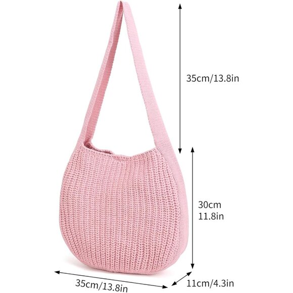 Women's Pink Shoulder Handbags Crocheted Bags Large Knit Bag Tote Bag - Picture 2 of 9